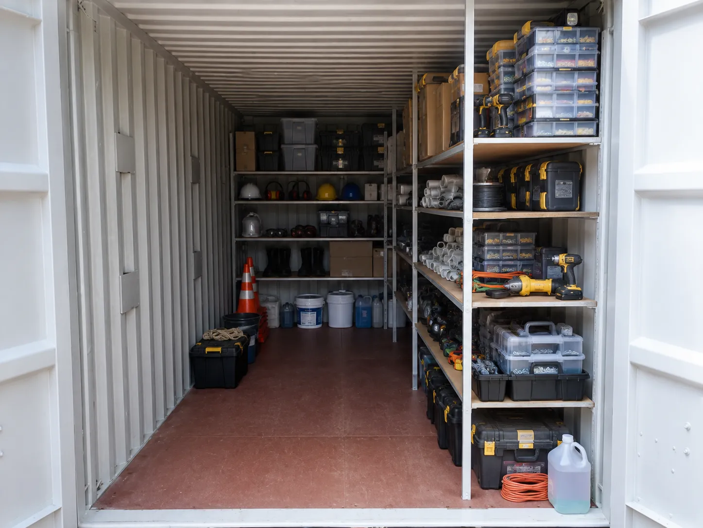 Interior de almoxarifado em container com prateleiras
