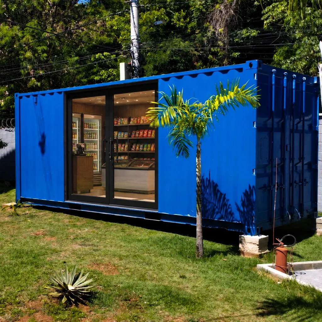 Minimercado instalado em um container azul com abertura frontal envidraçada